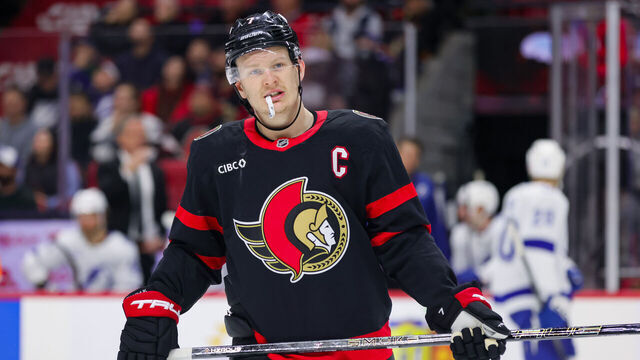 OTTAWA, ON - APRIL 07: Brady Tkachuk #7 of the Ottawa Senators takes a break during a stoppage in play against the Tampa Bay Lightning on April 7, 2026, at Canadian Tire Centre in Ottawa, ON, Canada.
