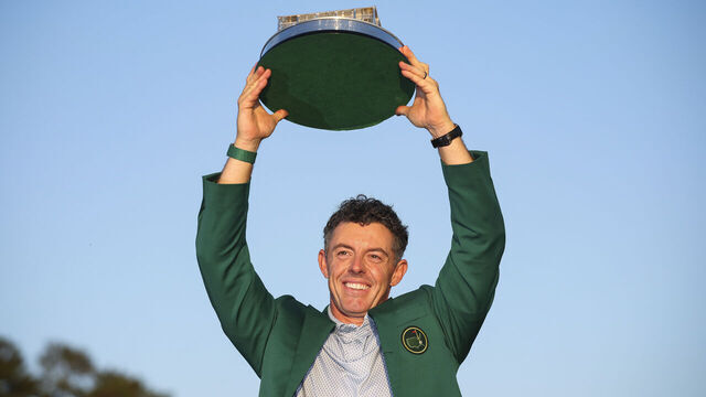 AUGUSTA, GEORGIA - APRIL 12: Rory McIlroy of Northern Ireland lifts the Masters trophy during the Green Jacket Ceremony after winning the final round of the 2026 Masters Tournament at Augusta National Golf Club on April 12, 2026 in Augusta, Georgia.