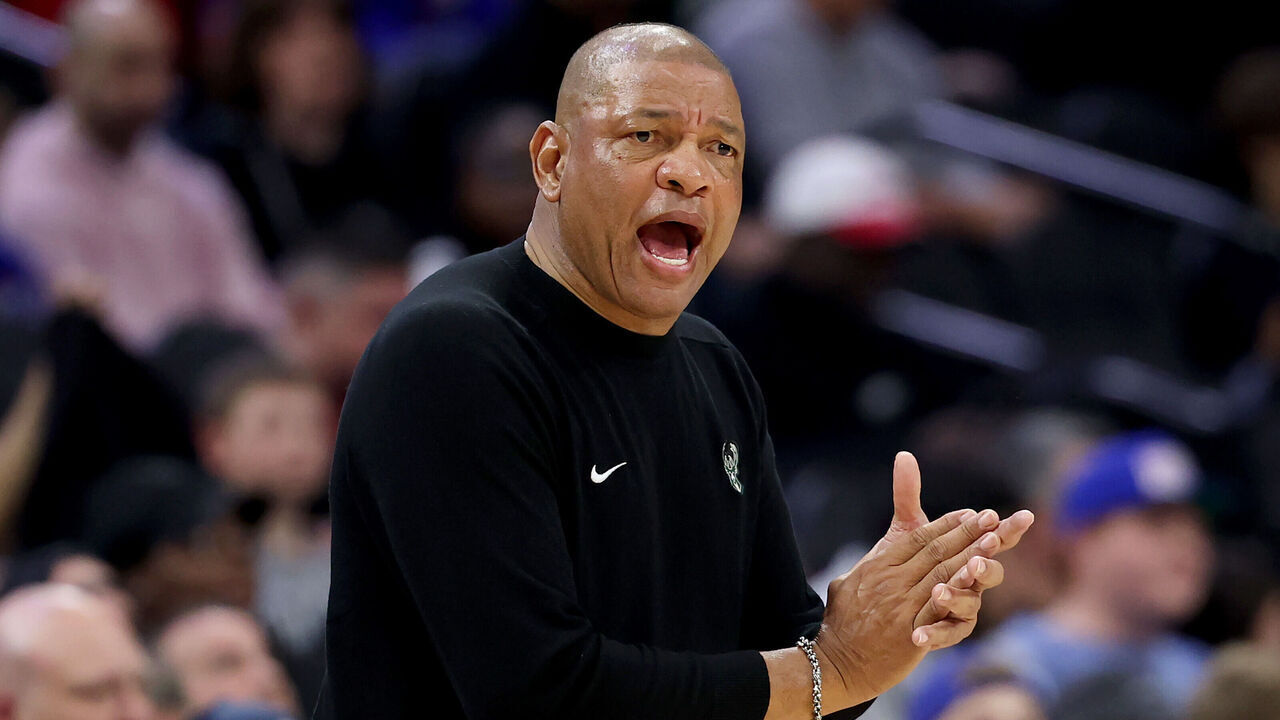 PHILADELPHIA, PENNSYLVANIA - APRIL 12: Milwaukee Bucks head coach Doc Rivers reacts during the first half against the Philadelphia 76ers at Xfinity Mobile Arena on April 12, 2026 in Philadelphia, Pennsylvania.