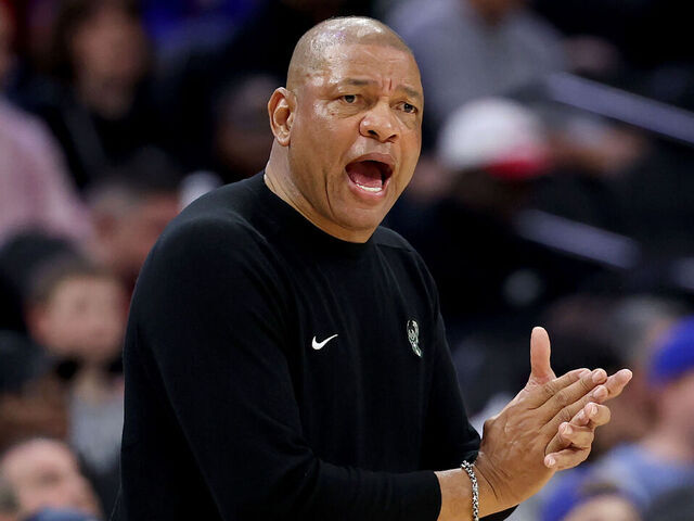 PHILADELPHIA, PENNSYLVANIA - APRIL 12: Milwaukee Bucks head coach Doc Rivers reacts during the first half against the Philadelphia 76ers at Xfinity Mobile Arena on April 12, 2026 in Philadelphia, Pennsylvania.