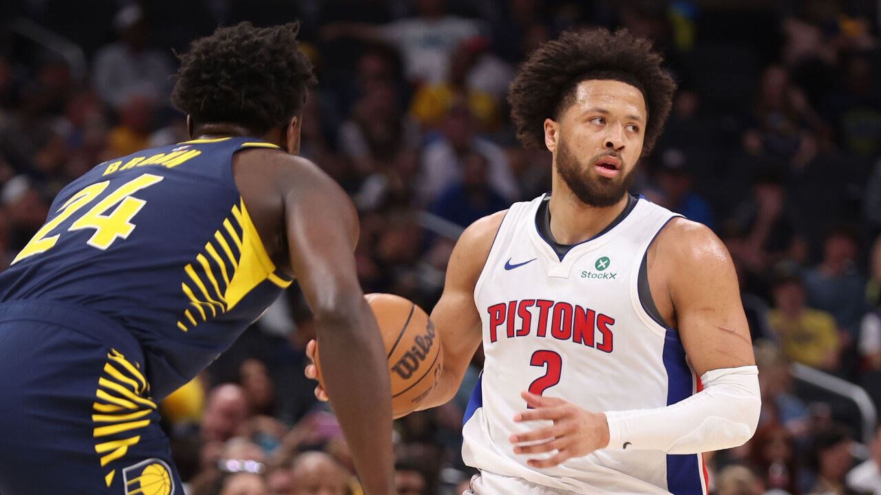 INDIANAPOLIS, IN - APRIL 12: Cade Cunningham #2 of the Detroit Pistons looks to pass the ball during the game against the Indiana Pacers on April 12, 2026 at Gainbridge Fieldhouse in Indianapolis, Indiana. Mandatory Copyright Notice: Copyright 2026 NBAE