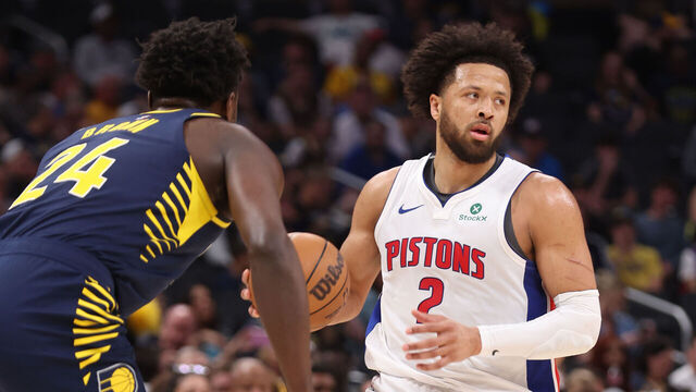 INDIANAPOLIS, IN - APRIL 12: Cade Cunningham #2 of the Detroit Pistons looks to pass the ball during the game against the Indiana Pacers on April 12, 2026 at Gainbridge Fieldhouse in Indianapolis, Indiana. Mandatory Copyright Notice: Copyright 2026 NBAE