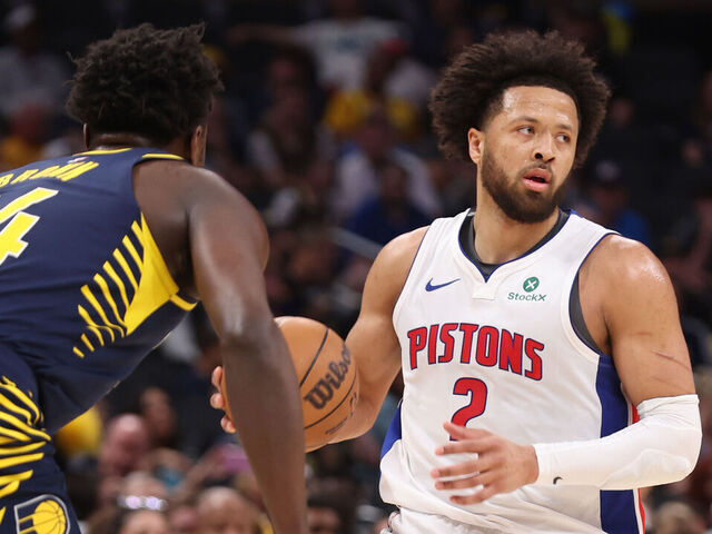 INDIANAPOLIS, IN - APRIL 12: Cade Cunningham #2 of the Detroit Pistons looks to pass the ball during the game against the Indiana Pacers on April 12, 2026 at Gainbridge Fieldhouse in Indianapolis, Indiana. Mandatory Copyright Notice: Copyright 2026 NBAE