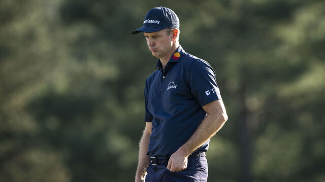Justin Rose of England bogeys No. 17 during the final round of the Masters at Augusta National Golf Club, Sunday, April 12, 2026.