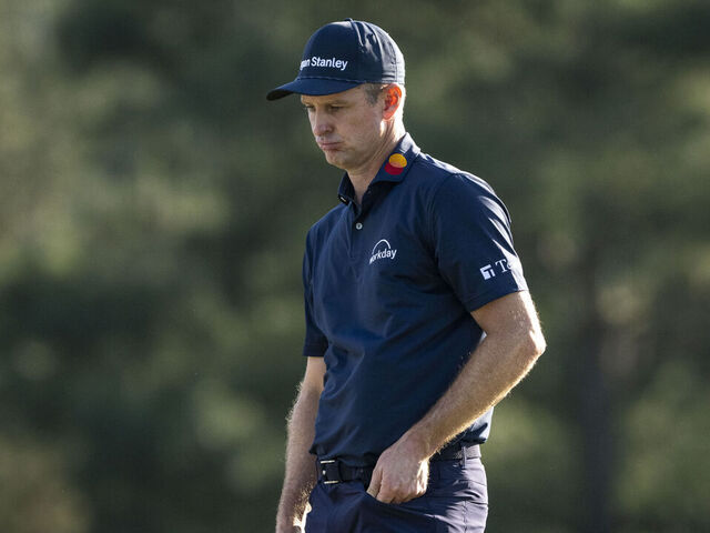 Justin Rose of England bogeys No. 17 during the final round of the Masters at Augusta National Golf Club, Sunday, April 12, 2026.