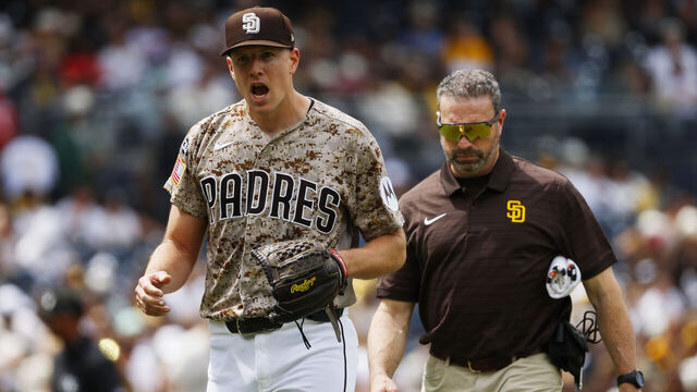 San Diego, CA - April 12: Nick Pivetta #27 of the San Diego Padres leaves the game in the fourth inning against the Colorado Rockies at Petco Park on April 12, 2026 in San Diego, CA.