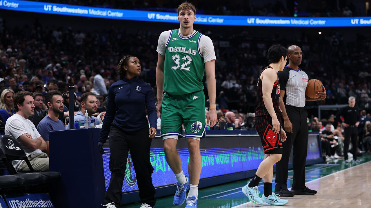 DALLAS, TEXAS - APRIL 12: Cooper Flagg #32 of the Dallas Mavericks leaves the game during the first half against the Chicago Bulls at American Airlines Center on April 12, 2026 in Dallas, Texas. NOTE TO USER: User expressly acknowledges and agrees that, by downloading and or using this photograph, User is consenting to the terms and conditions of the GettyImages License Agreement.