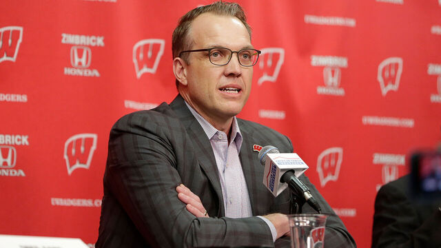 MADISON, WISCONSIN - FEBRUARY 20: Wisconsin Badgers Athletic Director Chris McIntosh speaks to the media after the game about the fight against the Michigan Wolverines at Kohl Center on February 20, 2022 in Madison, Wisconsin.
