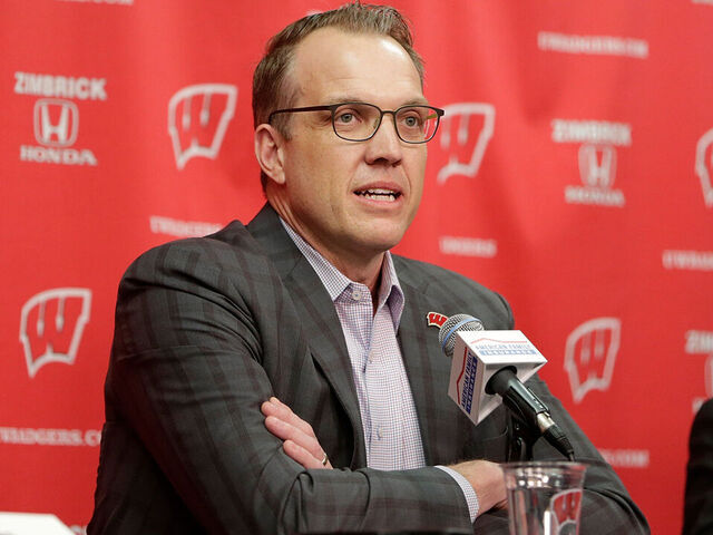 MADISON, WISCONSIN - FEBRUARY 20: Wisconsin Badgers Athletic Director Chris McIntosh speaks to the media after the game about the fight against the Michigan Wolverines at Kohl Center on February 20, 2022 in Madison, Wisconsin.