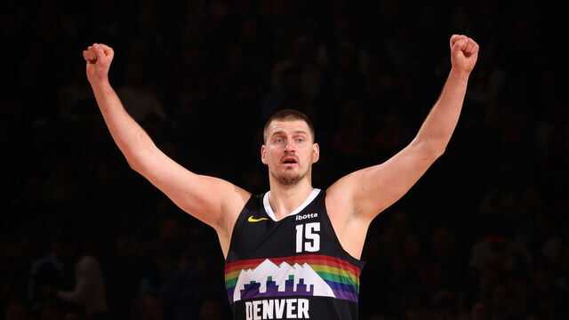NEW YORK, NY - FEBRUARY 4: Nikola Jokic #15 of the Denver Nuggets celebrates during the game against the New York Knicks on February 4, 2026 at Madison Square Garden in New York City, New York. Mandatory Copyright Notice: Copyright 2026 NBAE