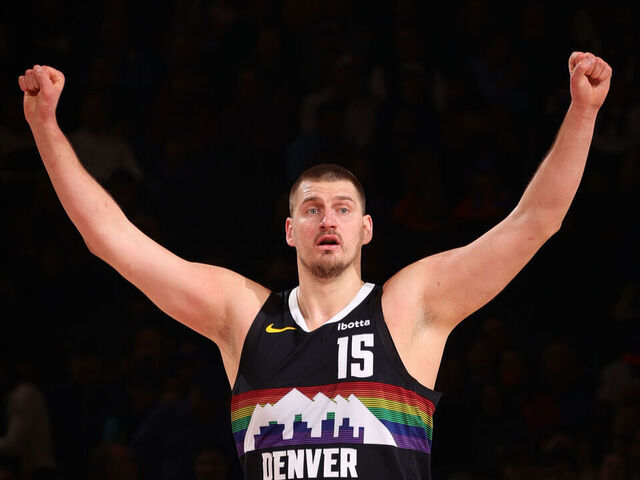 NEW YORK, NY - FEBRUARY 4: Nikola Jokic #15 of the Denver Nuggets celebrates during the game against the New York Knicks on February 4, 2026 at Madison Square Garden in New York City, New York. Mandatory Copyright Notice: Copyright 2026 NBAE
