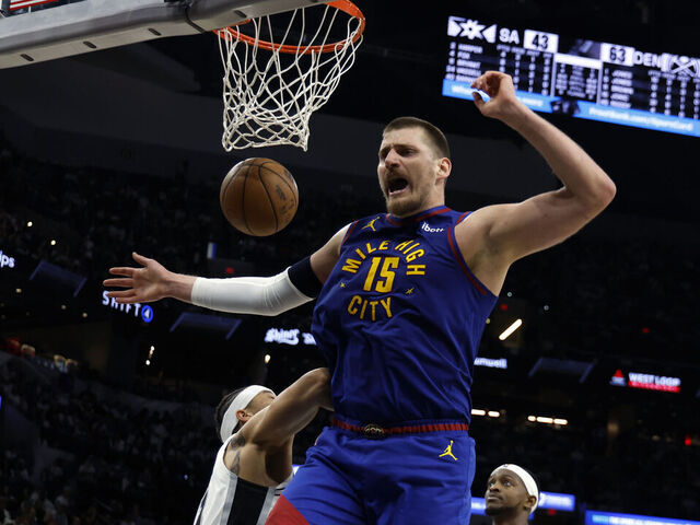 SAN ANTONIO, TX -APRIL 12: Nikola Jokic #15 of the Denver Nuggets reacts after a dunk against the San Antonio Spurs in the first half at Frost Bank Center on April 12, 2026 in San Antonio, Texas. NOTE TO USER: User expressly acknowledges and agrees that, by downloading and or using this photograph, User is consenting to terms and conditions of the Getty Images License Agreement.