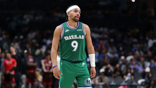 DALLAS, TEXAS - APRIL 12: Ryan Nembhard #9 of the Dallas Mavericks walks backcourt during the second half against the Chicago Bulls at American Airlines Center on April 12, 2026 in Dallas, Texas. NOTE TO USER: User expressly acknowledges and agrees that, by downloading and or using this photograph, User is consenting to the terms and conditions of the GettyImages License Agreement.