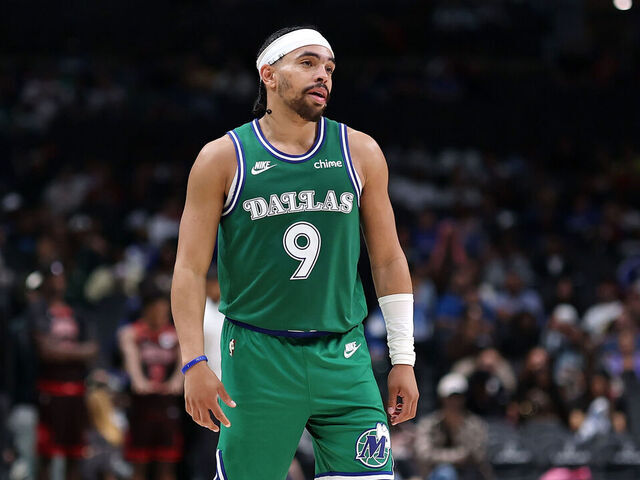 DALLAS, TEXAS - APRIL 12: Ryan Nembhard #9 of the Dallas Mavericks walks backcourt during the second half against the Chicago Bulls at American Airlines Center on April 12, 2026 in Dallas, Texas. NOTE TO USER: User expressly acknowledges and agrees that, by downloading and or using this photograph, User is consenting to the terms and conditions of the GettyImages License Agreement.