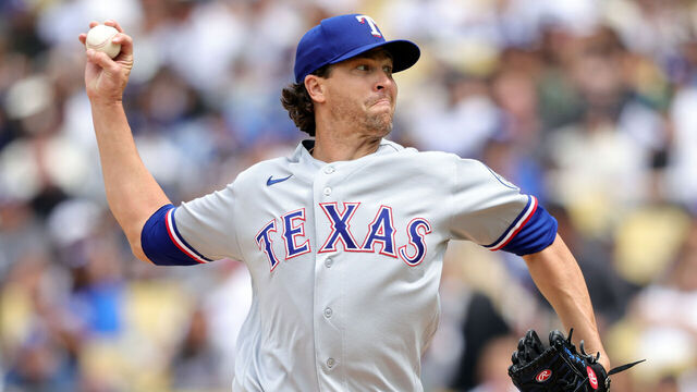 LOS ANGELES, CALIFORNIA - APRIL 12: Jacob Degrom #48 of the Texas Rangers throws against the Los Angeles Dodgers in the third inning at Dodger Stadium on April 12, 2026 in Los Angeles, California.