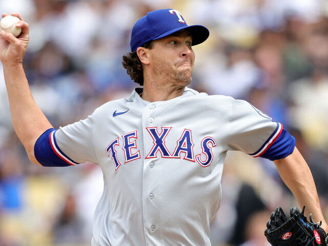 LOS ANGELES, CALIFORNIA - APRIL 12: Jacob Degrom #48 of the Texas Rangers throws against the Los Angeles Dodgers in the third inning at Dodger Stadium on April 12, 2026 in Los Angeles, California.
