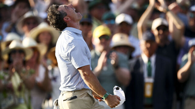 AUGUSTA, GEORGIA - APRIL 12: Rory McIlroy of Northern Ireland celebrates winning the 2026 Masters Tournament on the 18th green at Augusta National Golf Club on April 12, 2026 in Augusta, Georgia.