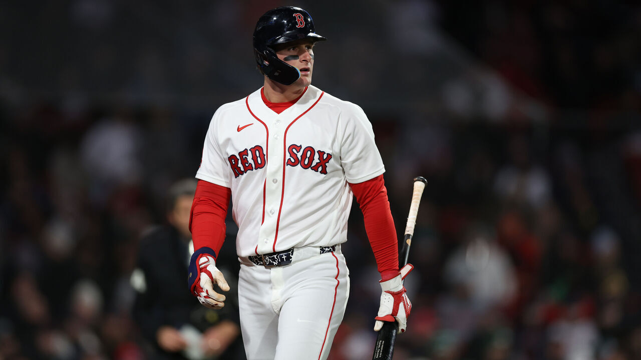 BOSTON, MASSACHUSETTS - APRIL 07: Roman Anthony #19 of the Boston Red Sox reacts during the seventh inning against the Milwaukee Brewers at Fenway Park on April 07, 2026 in Boston, Massachusetts.