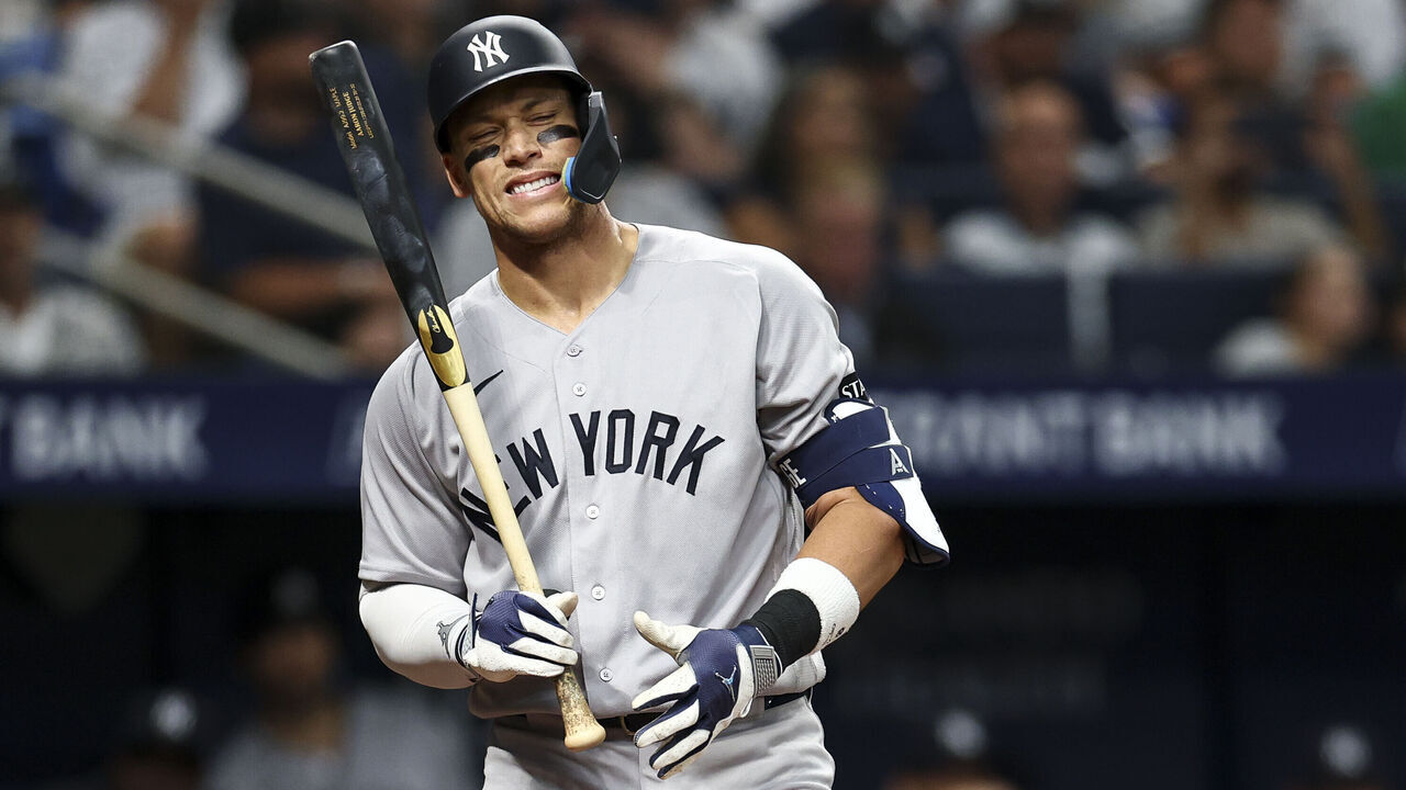 ST PETERSBURG, FLORIDA - APRIL 11: Aaron Judge #99 of the New York Yankees reacts after a strike during the fifth inning of a game against the Tampa Bay Rays at Tropicana Field on April 11, 2026 in St Petersburg, Florida.