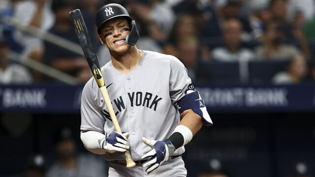 ST PETERSBURG, FLORIDA - APRIL 11: Aaron Judge #99 of the New York Yankees reacts after a strike during the fifth inning of a game against the Tampa Bay Rays at Tropicana Field on April 11, 2026 in St Petersburg, Florida.