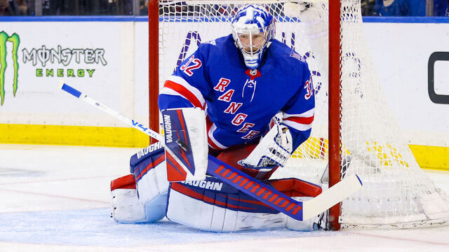 NEW YORK, NY - APRIL 04: Jonathan Quick #32 of the New York Rangers makes a pad save during the first period of the National Hockey League game between the Detroit Red Wings and the New York Rangers on April 4, 2026 at Madison Square Garden in New York, NY.