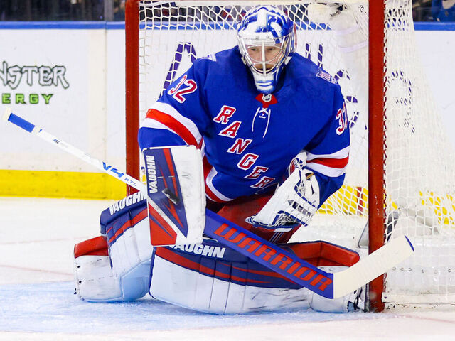 NEW YORK, NY - APRIL 04: Jonathan Quick #32 of the New York Rangers makes a pad save during the first period of the National Hockey League game between the Detroit Red Wings and the New York Rangers on April 4, 2026 at Madison Square Garden in New York, NY.