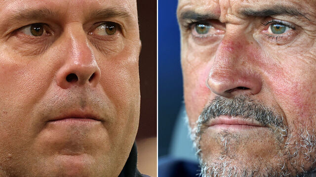 FILE PHOTO (EDITORS NOTE: COMPOSITE OF IMAGES - Image numbers 2259418862, 2221005870) In this composite image a comparison has been made between Arne Slot, Manager of Liverpool (L) and Luis Enrique, Head Coach of Paris Saint-Germain. Liverpool and Paris Saint-Germain meet over two legs in the UEFA Champions League Quarter Finals. ***LEFT IMAGE*** LIVERPOOL, ENGLAND - JANUARY 31: Arne Slot, Manager of Liverpool, looks on prior to the Premier League match between Liverpool and Newcastle United at Anfield on January 31, 2026 in Liverpool, England.