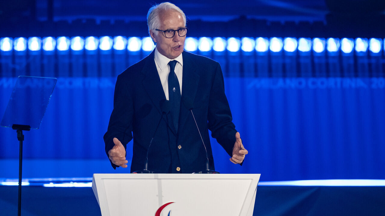 CORTINA D'AMPEZZO, ITALY - MARCH 15: Giovanni Malago, President of the Organising Committee for the Olympic and Paralympic Winter Games Milano Cortina 2026 delivers a speech during the Milano Cortina 2026 Winter Paralympic Games closing ceremony at Cortina Curling Olympic Stadium on March 15, 2026 in Cortina d'Ampezzo, Italy.