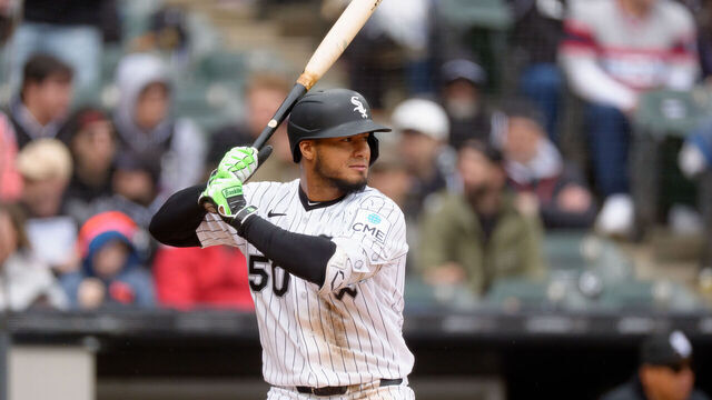 CHICAGO, ILLINOIS - APRIL 4: Lenyn Sosa #50 of the Chicago White Sox bats in a game against the Toronto Blue Jays at Rate Field on April 4, 2026 in Chicago, Illinois.