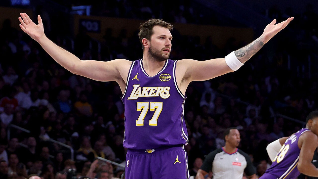 Los Angeles, CA - March 27: Lakers guard Luka Doncic, #77, celebrates a basket over the Brooklyn Nets in the first half at Crypto.com Arena in Los Angeles Friday, March 27, 2026. (Allen J. Schaben / Los Angeles Times via Getty Images)