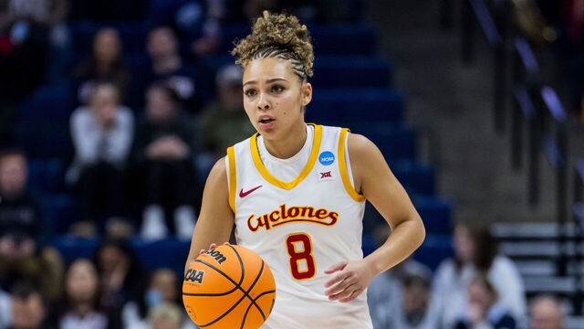 STORRS, CONNECTICUT - MARCH 21: Jada Williams #8 of the Iowa State Cyclones plays against the Syracuse Orange during the second half in the first round of the 2026 NCAA Women's Basketball Tournament at Harry A. Gampel Pavilion on March 21, 2026 in Storrs, Connecticut.