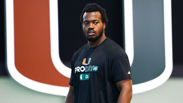 CORAL GABLES, FLORIDA - MARCH 23: Rueben Bain Jr. #4 of the Miami Hurricanes participates in the 2026 Miami Pro Day at Carol Soffer Indoor Practice Facility on March 23, 2026 in Coral Gables, Florida.
