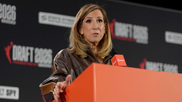 NEW YORK, NEW YORK - APRIL 13: WNBA Commissioner Cathy Engelbert speaks prior to the 2026 WNBA Draft at The Shed on April 13, 2026 in New York City.