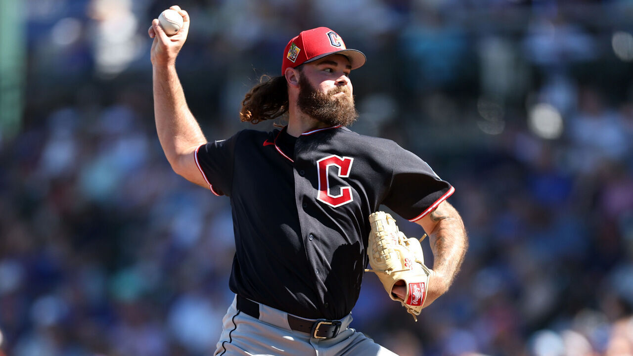 MESA, ARIZONA - FEBRUARY 27: Pitcher Hunter Gaddis #33 of the Cleveland Guardians throws during the fourth inning of a spring training game against the Chicago Cubs at Sloan Park on February 27, 2026 in Mesa, Arizona.