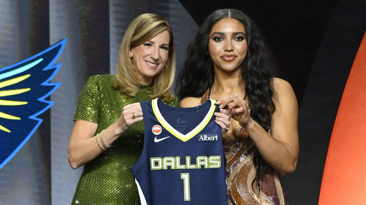 NEW YORK, NY - APRIL 13: Cathy Engelbert and Azzi Fudd pose for a photo after getting drafted number one overall by the Dallas Wings during the 2026 WNBA Draft on April 13, 2026 at The Shed in New York City, New York. Mandatory Copyright Notice: Copyright 2026 NBAE