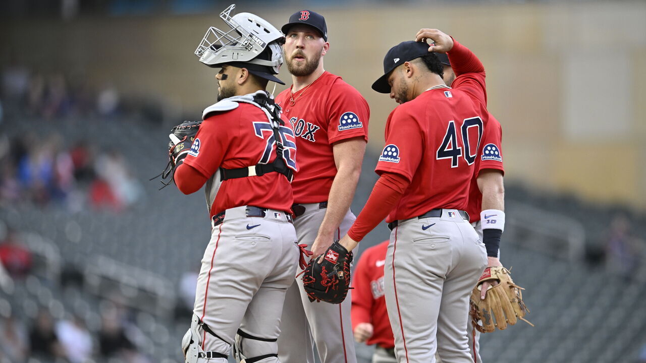 MINNEAPOLIS, MINNESOTA - APRIL 13: Garrett Crochet #35 of the Boston Red Sox looks on against the Minnesota Twins during the first inning at Target Field on April 13, 2026 in Minneapolis, Minnesota.