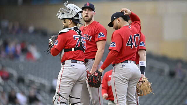 MINNEAPOLIS, MINNESOTA - APRIL 13: Garrett Crochet #35 of the Boston Red Sox looks on against the Minnesota Twins during the first inning at Target Field on April 13, 2026 in Minneapolis, Minnesota.