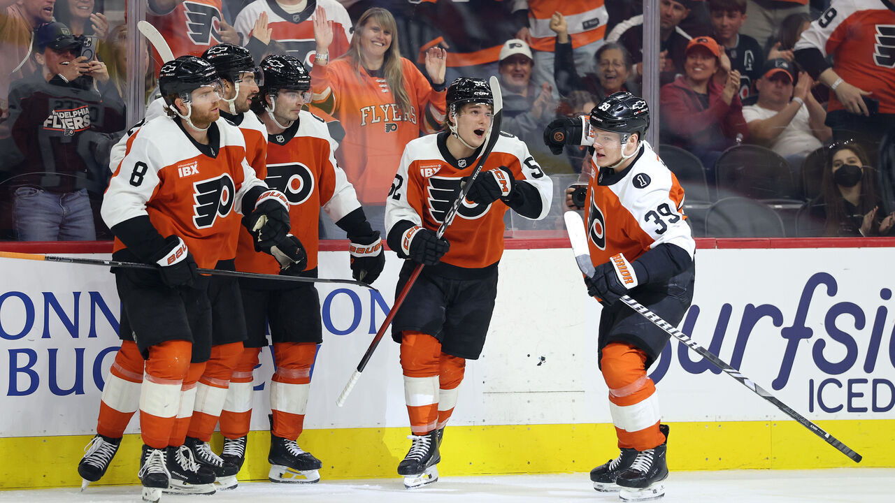 PHILADELPHIA, PENNSYLVANIA - APRIL 13: The Philadelphia Flyers celebrate a goal by Matvei Michkov #39 during the second period against the Carolina Hurricanes at Xfinity Mobile Arena on April 13, 2026 in Philadelphia, Pennsylvania.