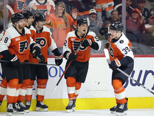 PHILADELPHIA, PENNSYLVANIA - APRIL 13: The Philadelphia Flyers celebrate a goal by Matvei Michkov #39 during the second period against the Carolina Hurricanes at Xfinity Mobile Arena on April 13, 2026 in Philadelphia, Pennsylvania.