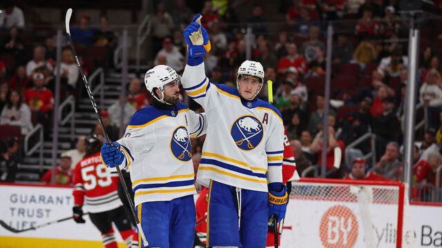CHICAGO, IL - APRIL 13: Tage Thompson #72 of the Buffalo Sabres celebrates after scoring with Alex Tuch #89 of the Buffalo Sabres during the second period against the Chicago Blackhawks on April 13, 2026 at the United Center in Chicago, Illinois.
