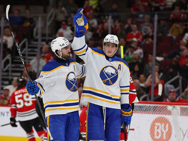 CHICAGO, IL - APRIL 13: Tage Thompson #72 of the Buffalo Sabres celebrates after scoring with Alex Tuch #89 of the Buffalo Sabres during the second period against the Chicago Blackhawks on April 13, 2026 at the United Center in Chicago, Illinois.