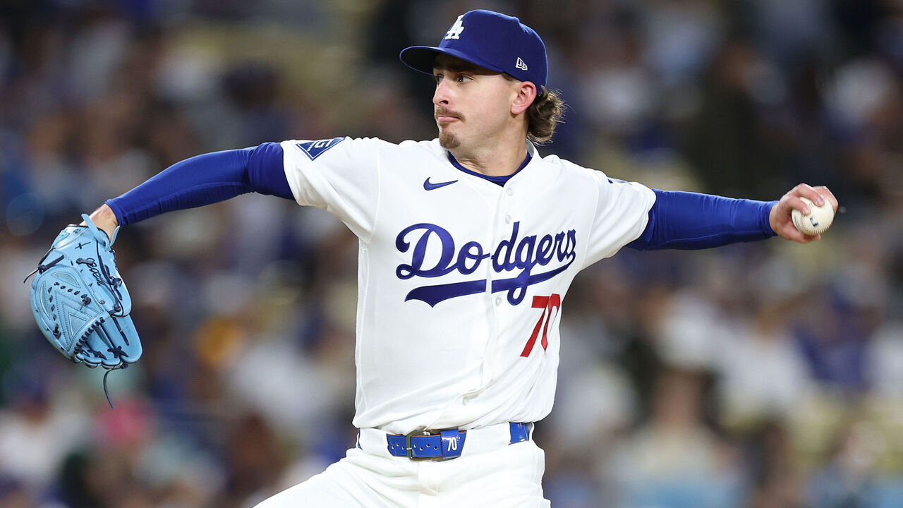 LOS ANGELES, CALIFORNIA - APRIL 13: Justin Wrobleski #70 of the Los Angeles Dodgers pitches during the second inning of a game against the New York Mets at Dodger Stadium on April 13, 2026 in Los Angeles, California.
