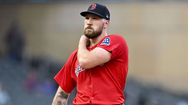 MINNEAPOLIS, MINNESOTA - APRIL 13: Garrett Crochet #35 of the Boston Red Sox reacts after giving up a walk against the Minnesota Twins during the first inning at Target Field on April 13, 2026 in Minneapolis, Minnesota.