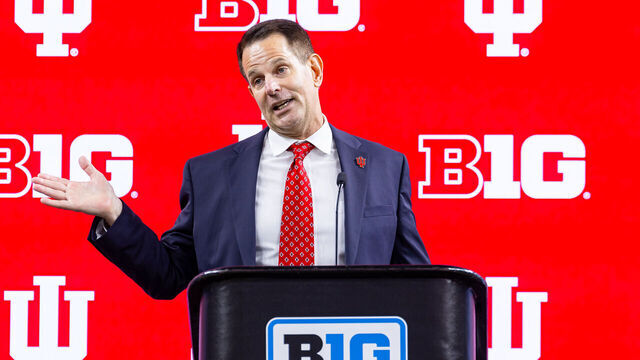 INDIANAPOLIS, INDIANA - JULY 25: Head coach Curt Cignetti of the Indiana Hoosiers speaks to the media during Big Ten football media days at Lucas Oil Stadium on July 25, 2024 in Indianapolis, Indiana.