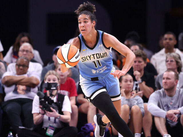 PHOENIX, ARIZONA - AUGUST 28: Kia Nurse #11 of the Chicago Sky controls the ball during the second half against the Phoenix Mercury at PHX Arena on August 28, 2025 in Phoenix, Arizona. The Mercury defeated the Sky 83-79.