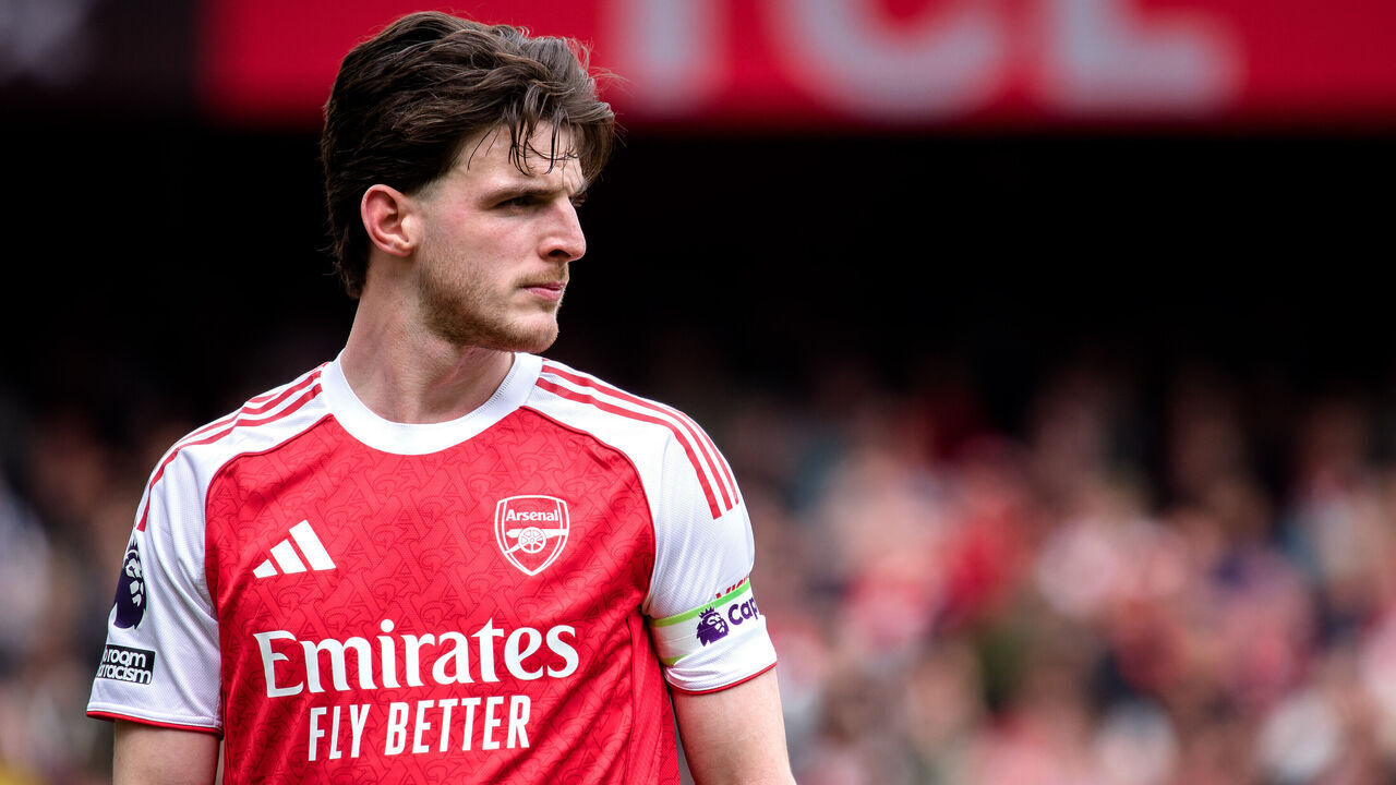 LONDON, ENGLAND - APRIL 11: Declan Rice of Arsenal during the Premier League match between Arsenal and Bournemouth at Emirates Stadium on April 11, 2026 in London, England.