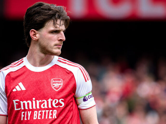 LONDON, ENGLAND - APRIL 11: Declan Rice of Arsenal during the Premier League match between Arsenal and Bournemouth at Emirates Stadium on April 11, 2026 in London, England.