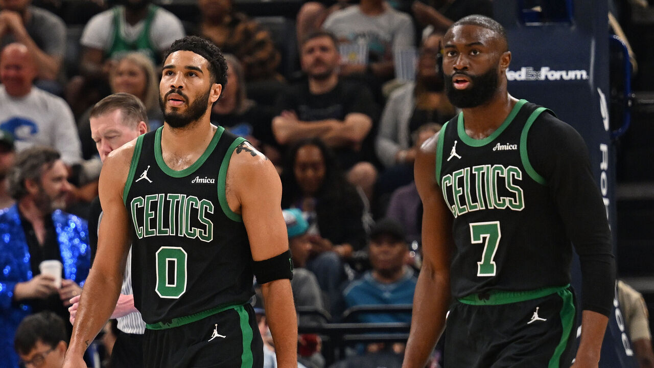 MEMPHIS, TN - MARCH 20: Jaylen Brown #7 and Jayson Tatum #0 of the Boston Celtics look on during the game against the Memphis Grizzlies on March 20, 2026 at FedExForum in Memphis, Tennessee. Mandatory Copyright Notice: Copyright 2026 NBAE