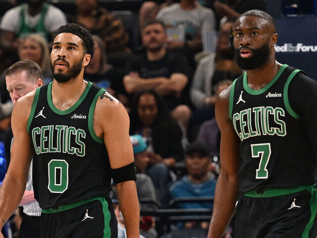 MEMPHIS, TN - MARCH 20: Jaylen Brown #7 and Jayson Tatum #0 of the Boston Celtics look on during the game against the Memphis Grizzlies on March 20, 2026 at FedExForum in Memphis, Tennessee. Mandatory Copyright Notice: Copyright 2026 NBAE