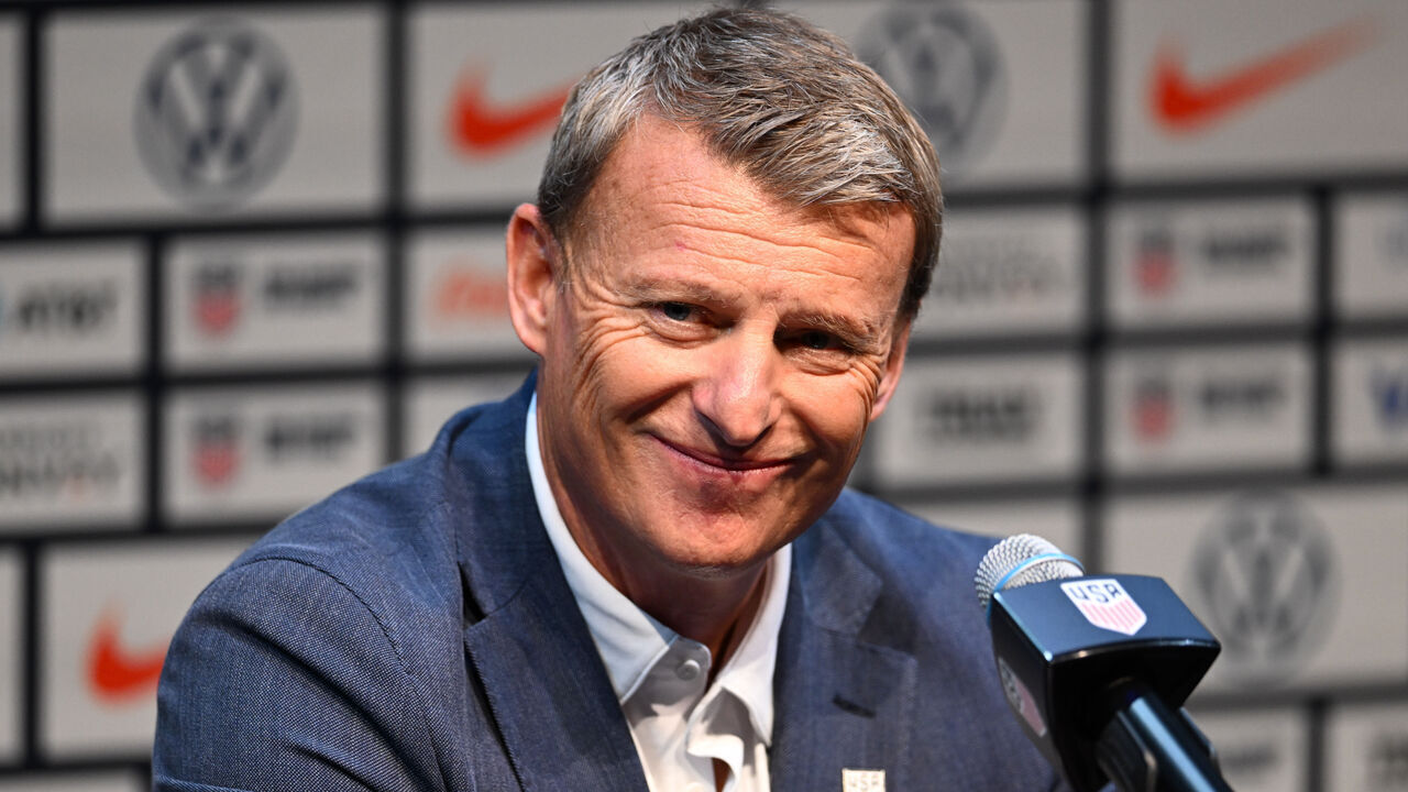 NEW YORK, NEW YORK - SEPTEMBER 13: Matt Crocker looks on during Mauricio Pochettino's first press conference as head coach of the U.S. Mens National Team at Hudson Yards on September 13, 2024 in New York City.